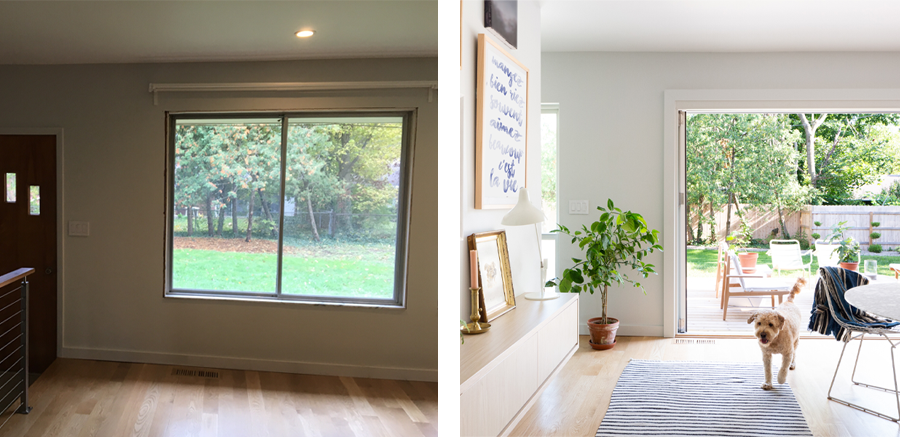 A before photo shows a dark living room with a standard door and sliding window and an after photo shows a bright and airy room with open bi-folding doors and window replacing the door.